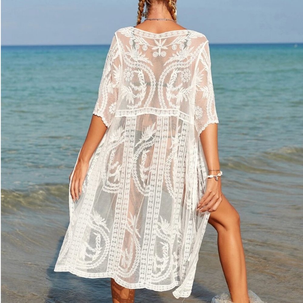 SHEIN Embroidered Sheer Kimono long sleeve robe